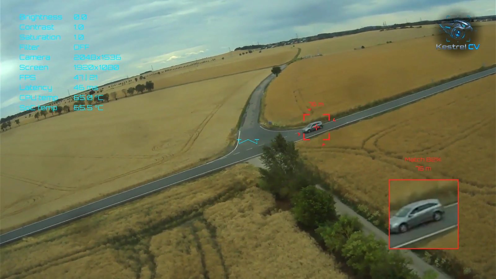 KestrelCV live onboard flight — whole-frame detection, single-target lock and live HUD on a real aerial scene (Toradex Verdin i.MX8M Plus)