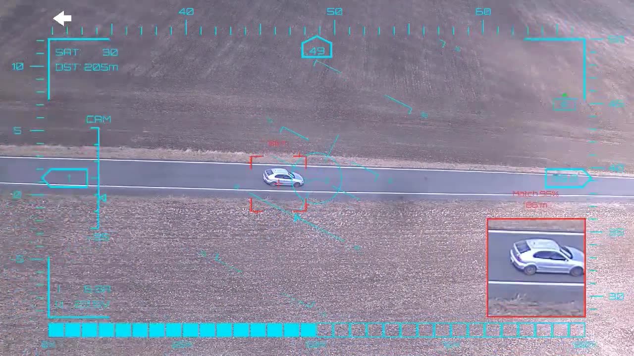 Re-acquiring a silver sedan — onboard AI target lock and real-time tracking from a UAV in strong crosswind, FPV goggles DVR
