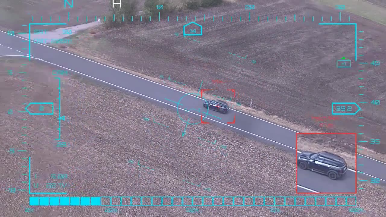 Dark sports car at long range — onboard AI target lock and real-time tracking from a UAV in strong crosswind, FPV goggles DVR