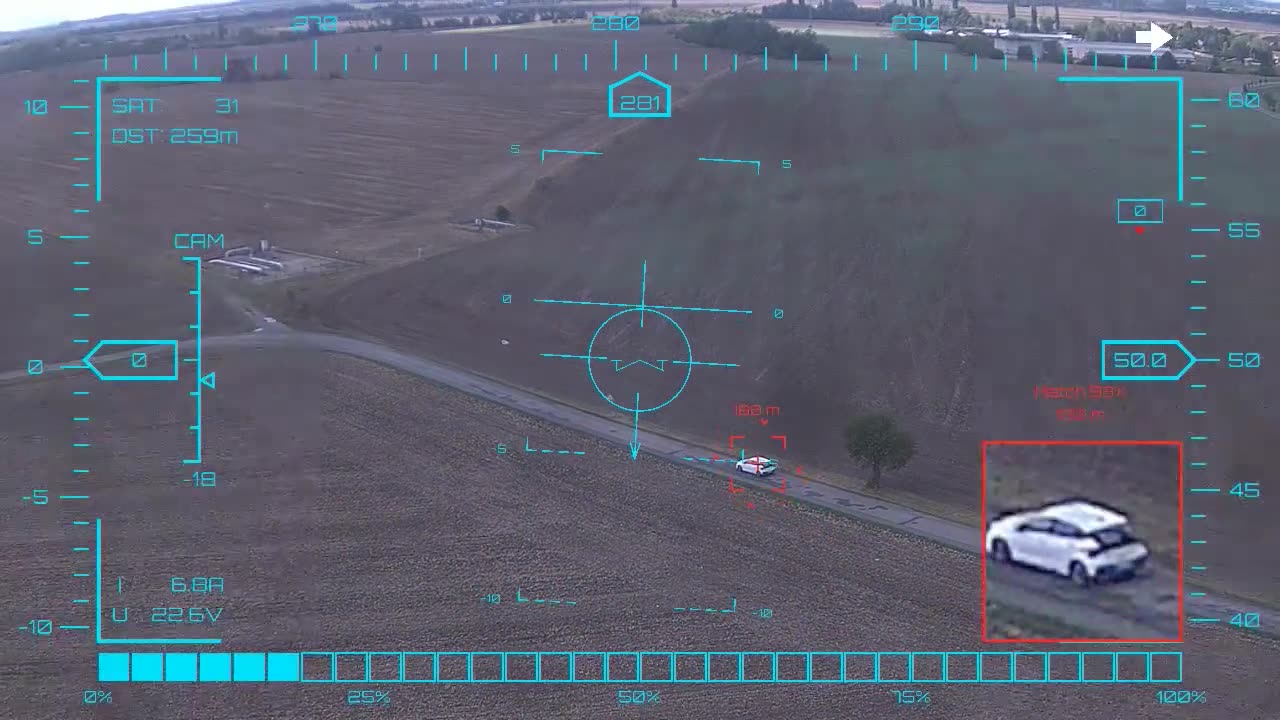 Two cars, one locked — onboard AI target lock and real-time tracking from a UAV in strong crosswind, FPV goggles DVR