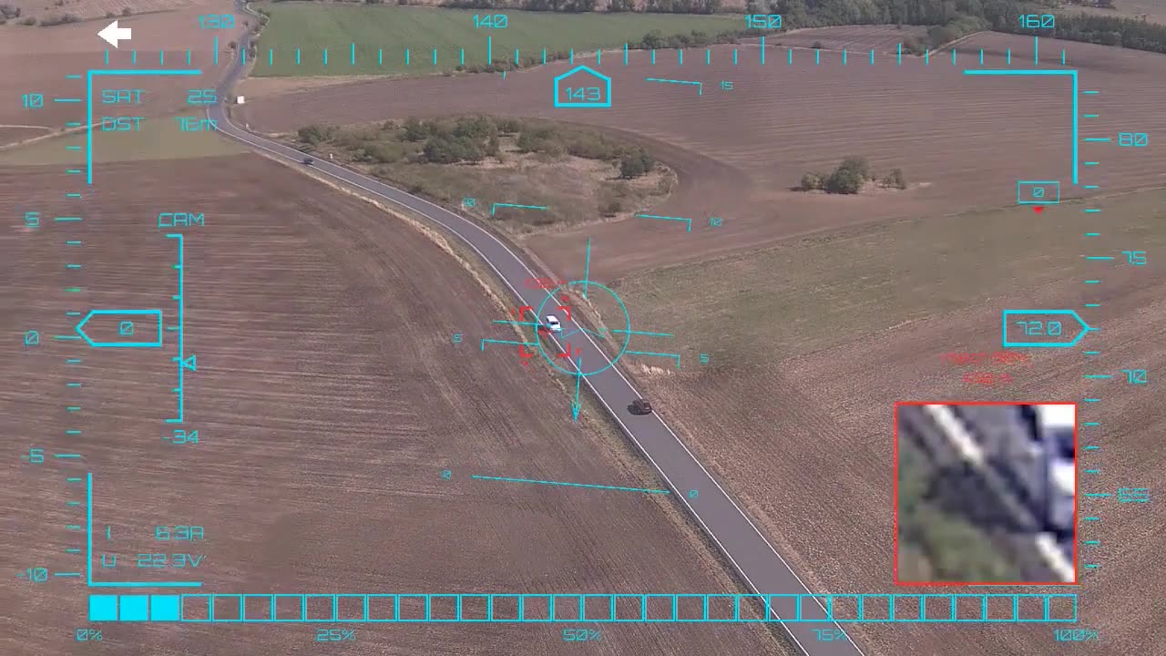 Distant car on open ground — onboard AI target lock and real-time tracking from a UAV in strong crosswind, FPV goggles DVR