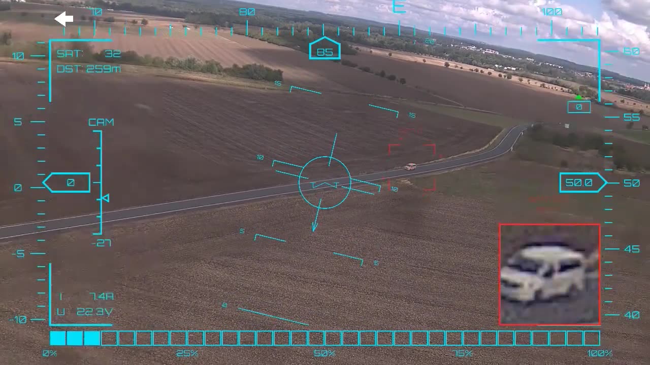 Van tracked through hard tilt — onboard AI target lock and real-time tracking from a UAV in strong crosswind, FPV goggles DVR