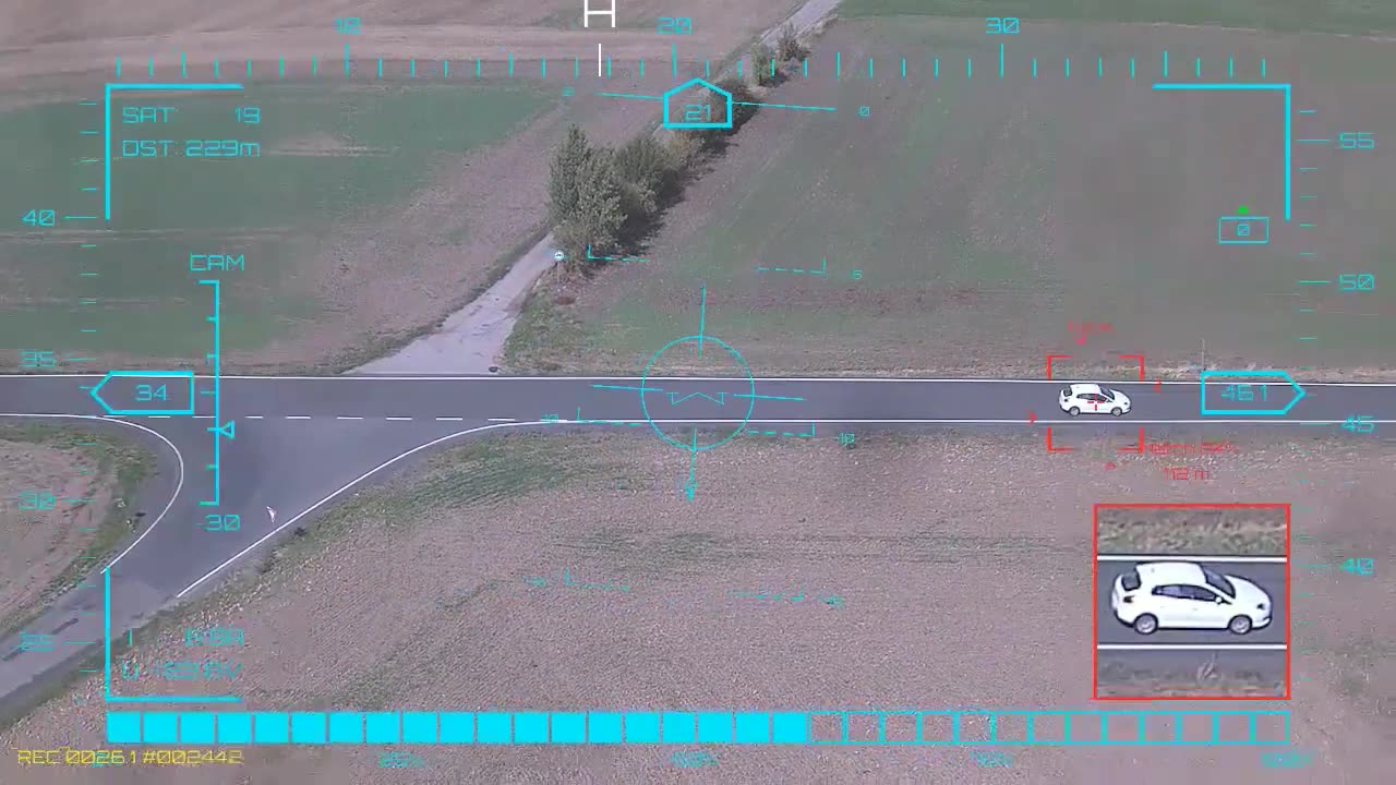 A minute of tracking, one car after another — onboard AI target lock and real-time tracking from a UAV, FPV goggles DVR