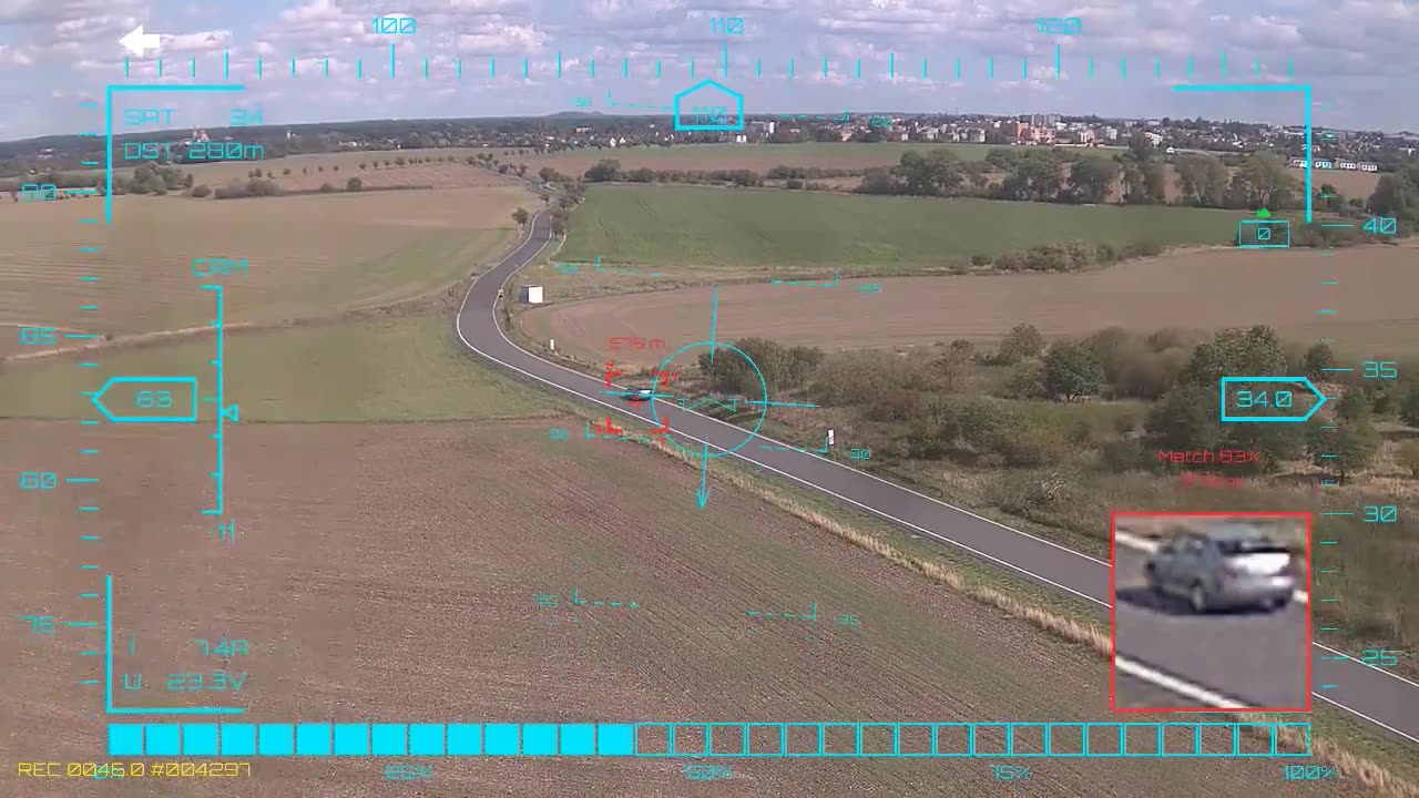 Over a minute on one car, straight overhead and on — onboard AI target lock and real-time tracking from a UAV, FPV goggles DVR
