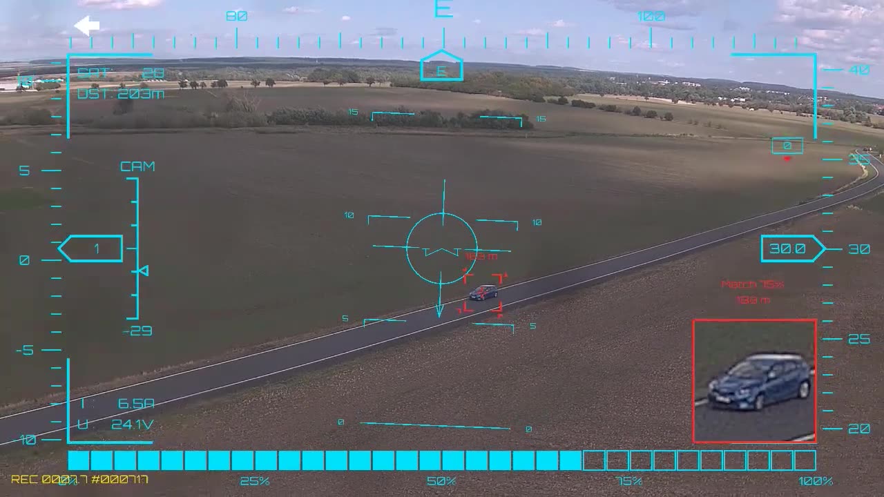 Blue saloon around the curve — onboard AI target lock and real-time tracking from a UAV, FPV goggles DVR