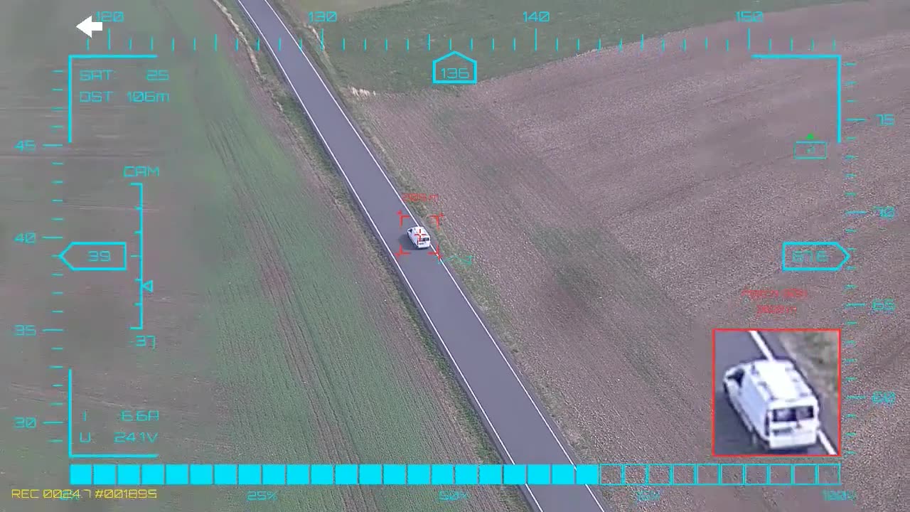 Eighty seconds on one white van — onboard AI target lock and real-time tracking from a UAV, FPV goggles DVR