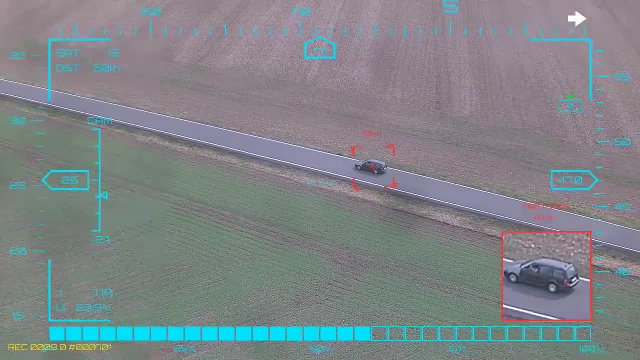 Two cars, one after the other — onboard AI target lock and real-time tracking from a UAV, FPV goggles DVR