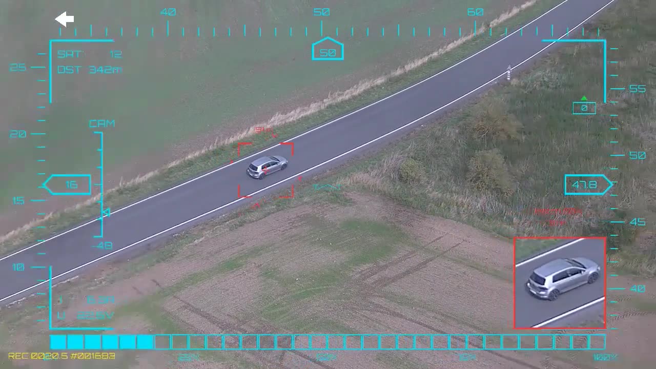 Closing on a silver hatchback — onboard AI target lock and real-time tracking from a UAV, FPV goggles DVR